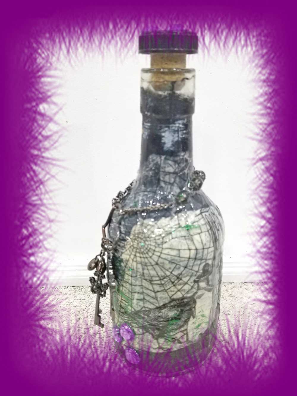 Altered Glass Bottle, Decanter, with a Crow, Chain with Keys, Purple Gems, Re-Usable