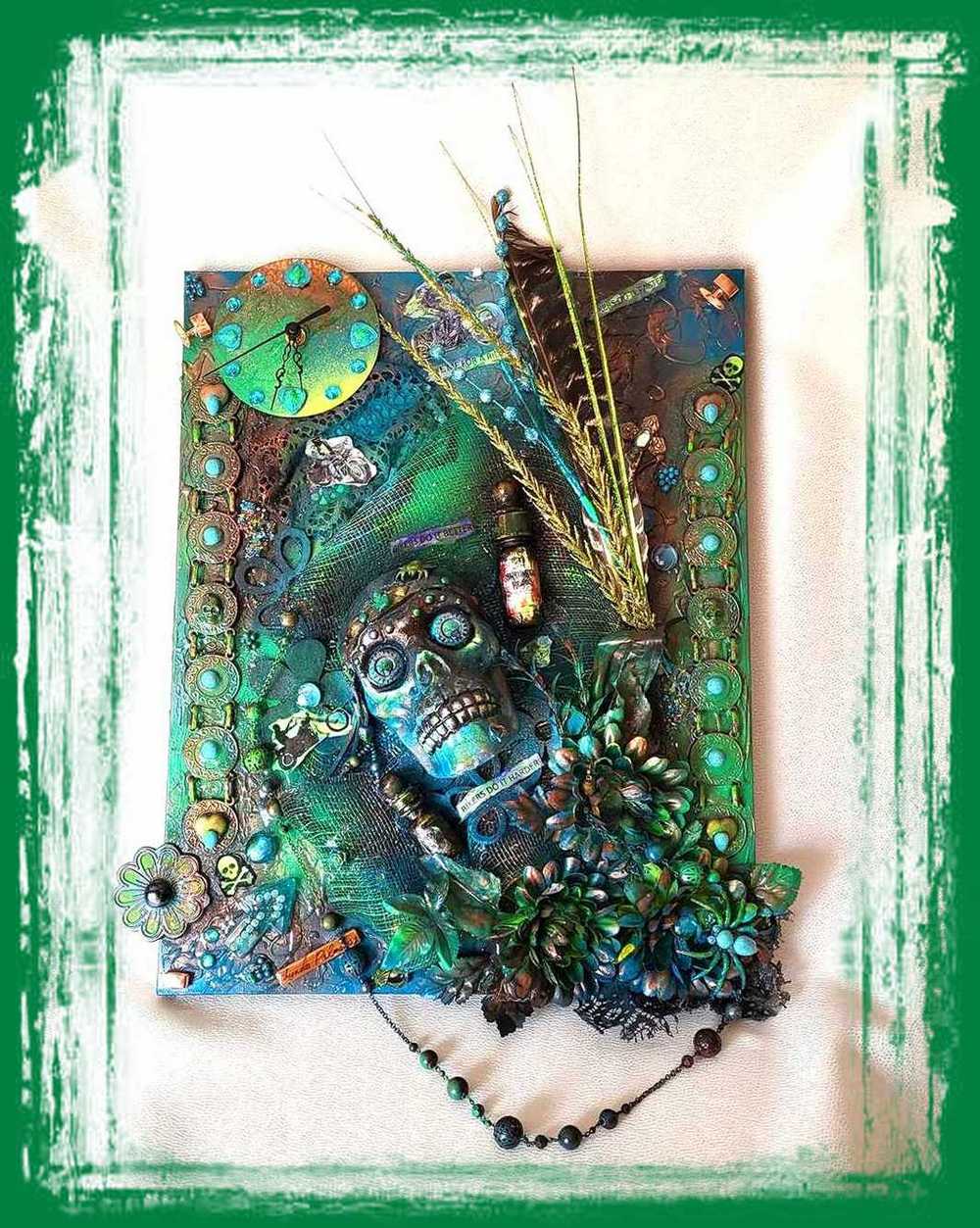 Clock, Voodoo Skull Witch Doctor on 16x20 inch Canvas with Turquoise Beads and Motorcycles