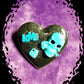 Black Porcelain Heart Shaped Brooch with a Teal Skull, Love and a Heart Charm