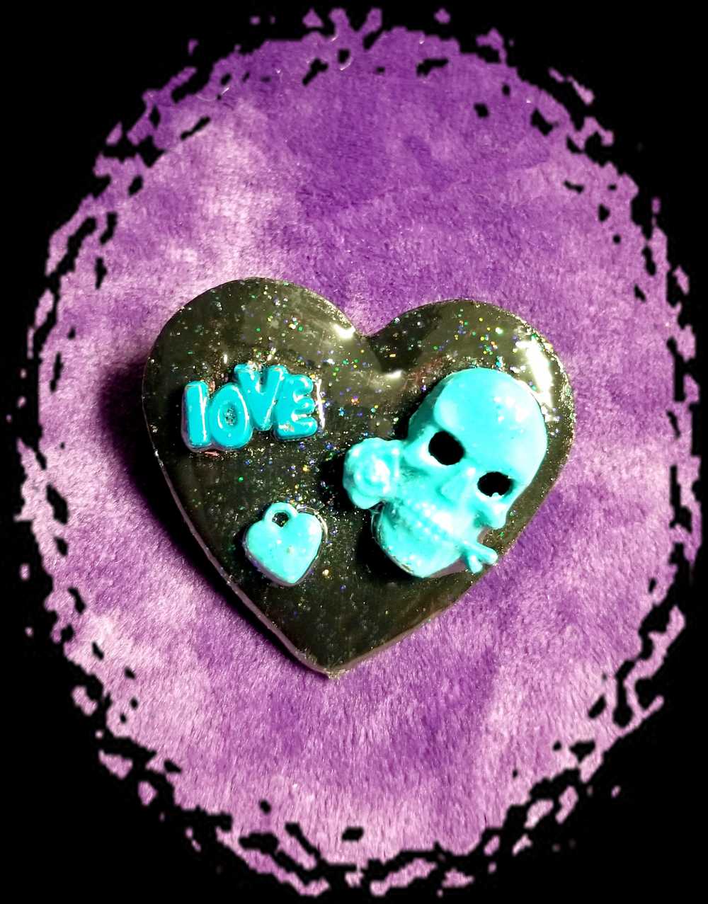 Black Porcelain Heart Shaped Brooch with a Teal Skull, Love and a Heart Charm