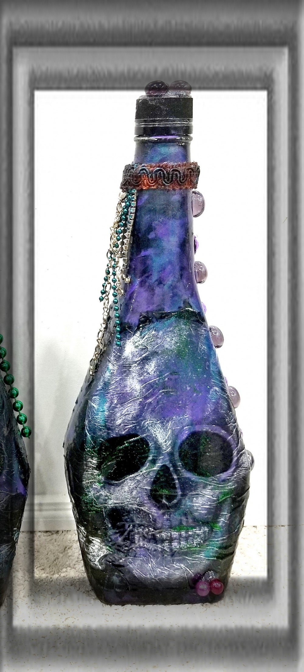 Altered Glass Bottle, Decoupage Skull Art Bottle for Re-Use