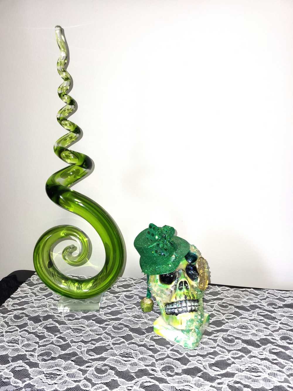 Handmade Resin St. Patrick's Day Skull with Top Hat, Shamrock, Bell & Gold Coins on a Marble Base