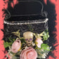 Black Metal Skull Container, with Pink Roses, Container for Dry/Silk Flowers