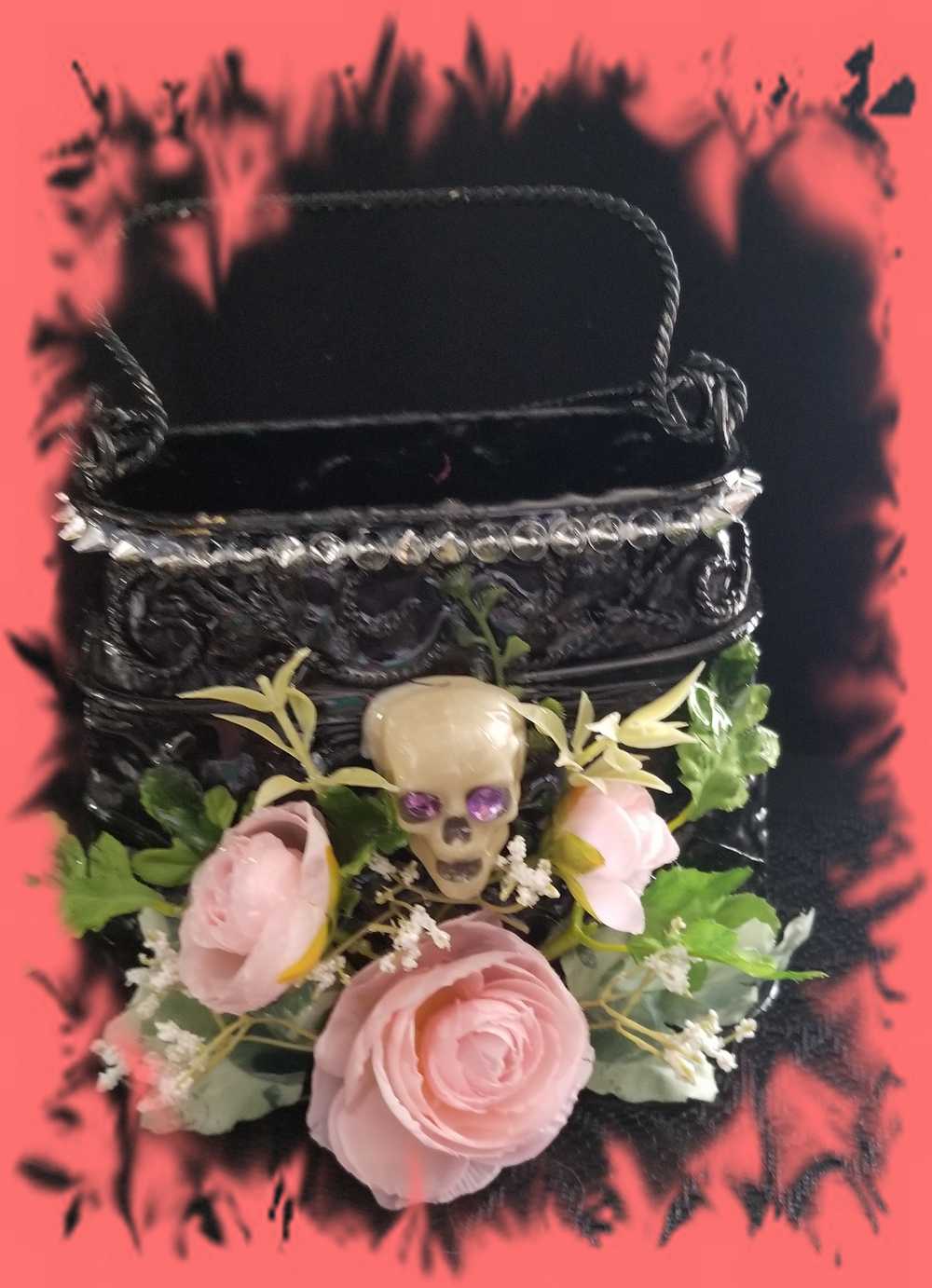 Black Metal Skull Container, with Pink Roses, Container for Dry/Silk Flowers