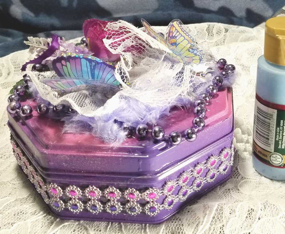 Tin Box Repurposed into a Jewelry Box, Two Butterflies and Deep Purple Rose on Lace