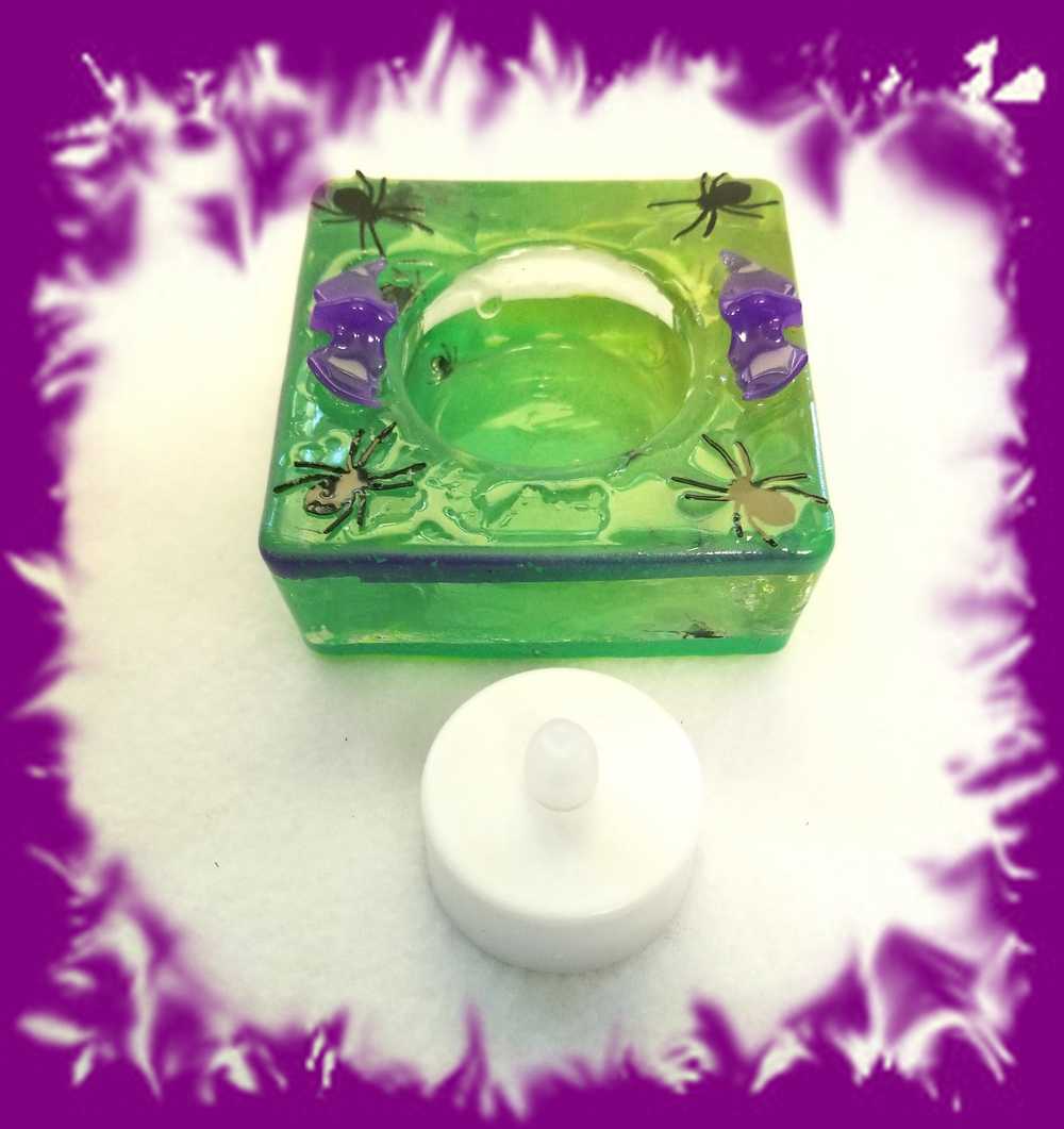 Square Green Candle Holder for a Battery Candle with Black Spiders and Purple Bats