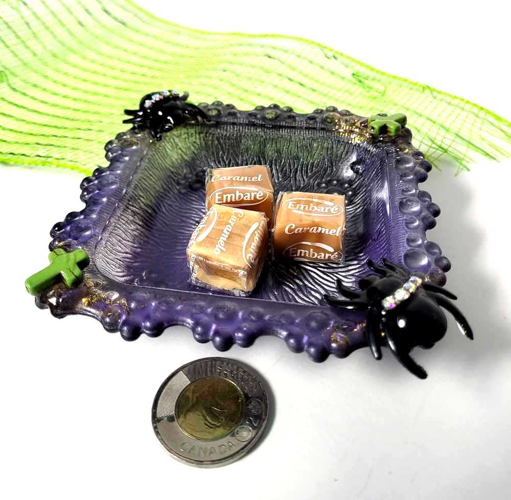 Creepy, Adorable Purple Candle Holder or Candy Dish  with Rhinestone Studded Black Spiders and Green Crosses