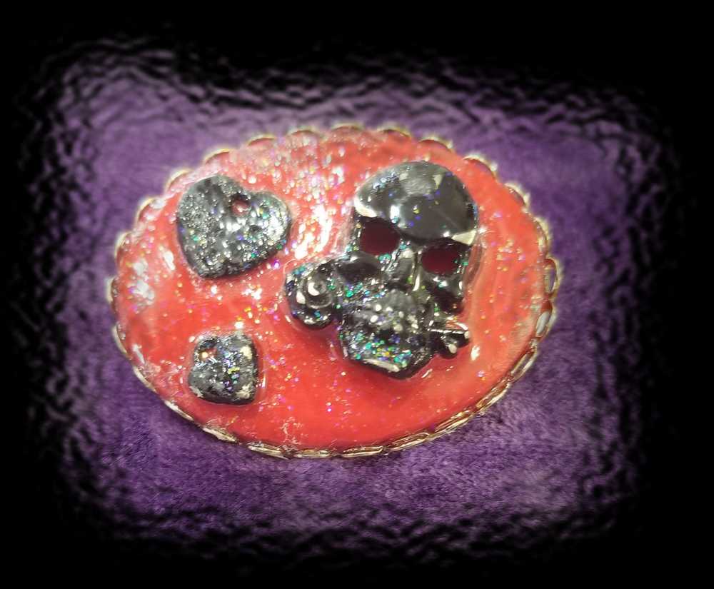 Stunning Red Porcelain Oval Brooch with Hand Painted Black Skull and Hearts