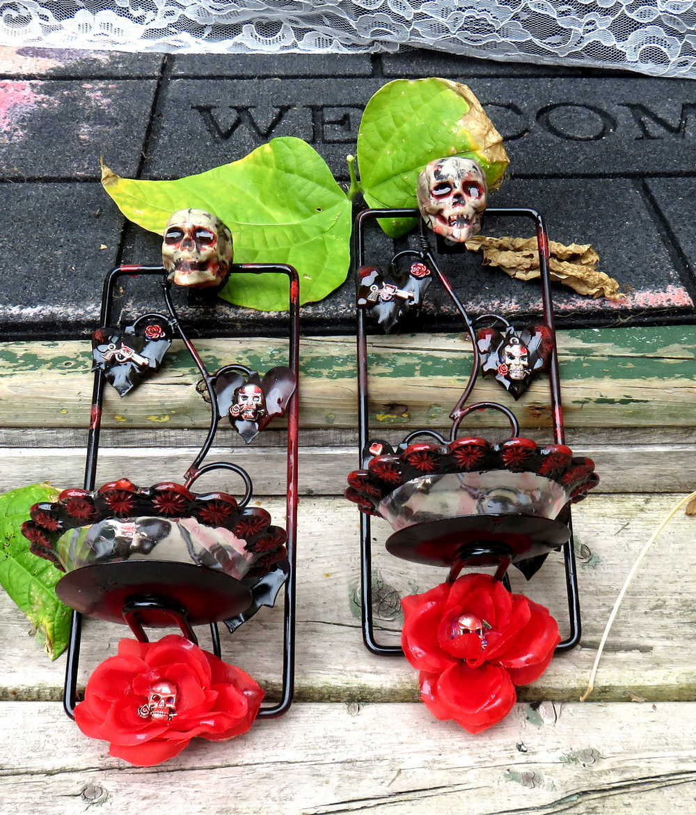 Wall Mounted Battery Candle Holder with Skulls & Red Roses, Glass Bowls Holds Two Battery Candles