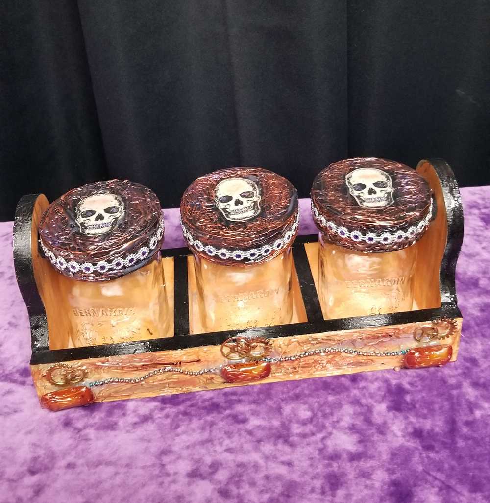 3-500ml Glass Jars with Lids, in a Wooden Box with Skulls, Candy Jars, Bathroom Accessories