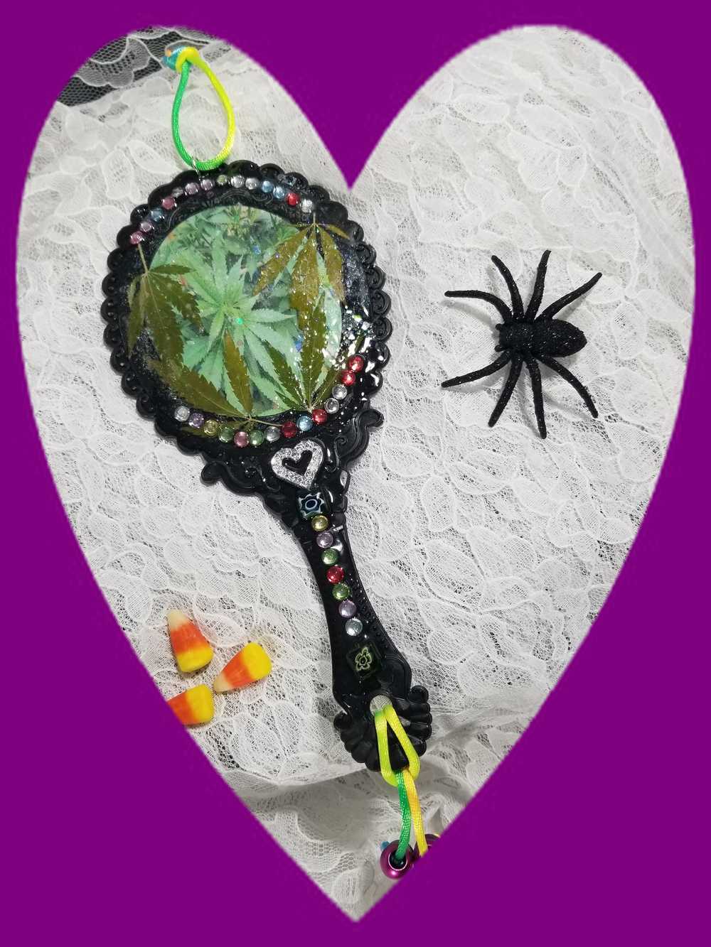 Black Hand Held Mirror with a Heart, Natures Leaves and Gemstones