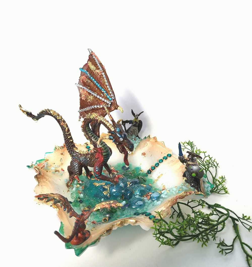 Fire-Breathing Dragon in Antique Glass Dish in a Fierce Fight for Survival