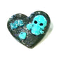 Black Porcelain Heart Shaped Brooch with a Teal Skull, Love and a Heart Charm