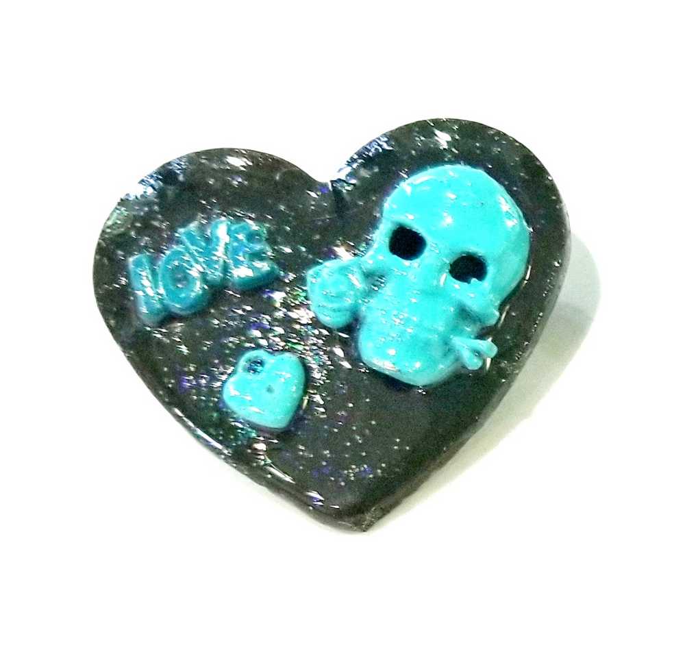 Black Porcelain Heart Shaped Brooch with a Teal Skull, Love and a Heart Charm