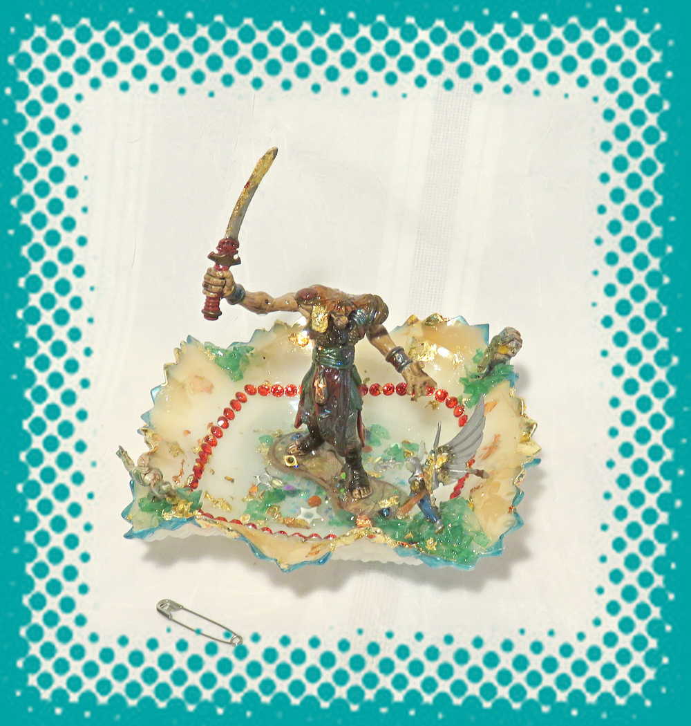 Sword Wielding Giant Mutant, and a Winged Princess, Battling it Out, in an Antique Glass Dish, Collectible