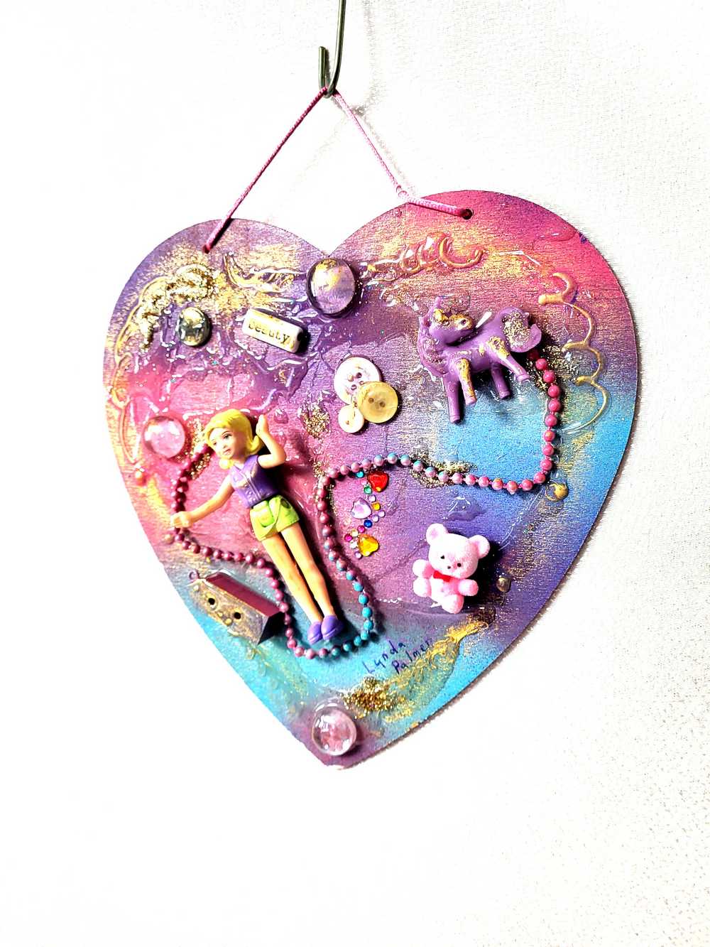 Pink & Blue Child's Art Work for Bedroom, Nursery, Playroom Wall Hanging, Wood Heart with Doll and Unicorn