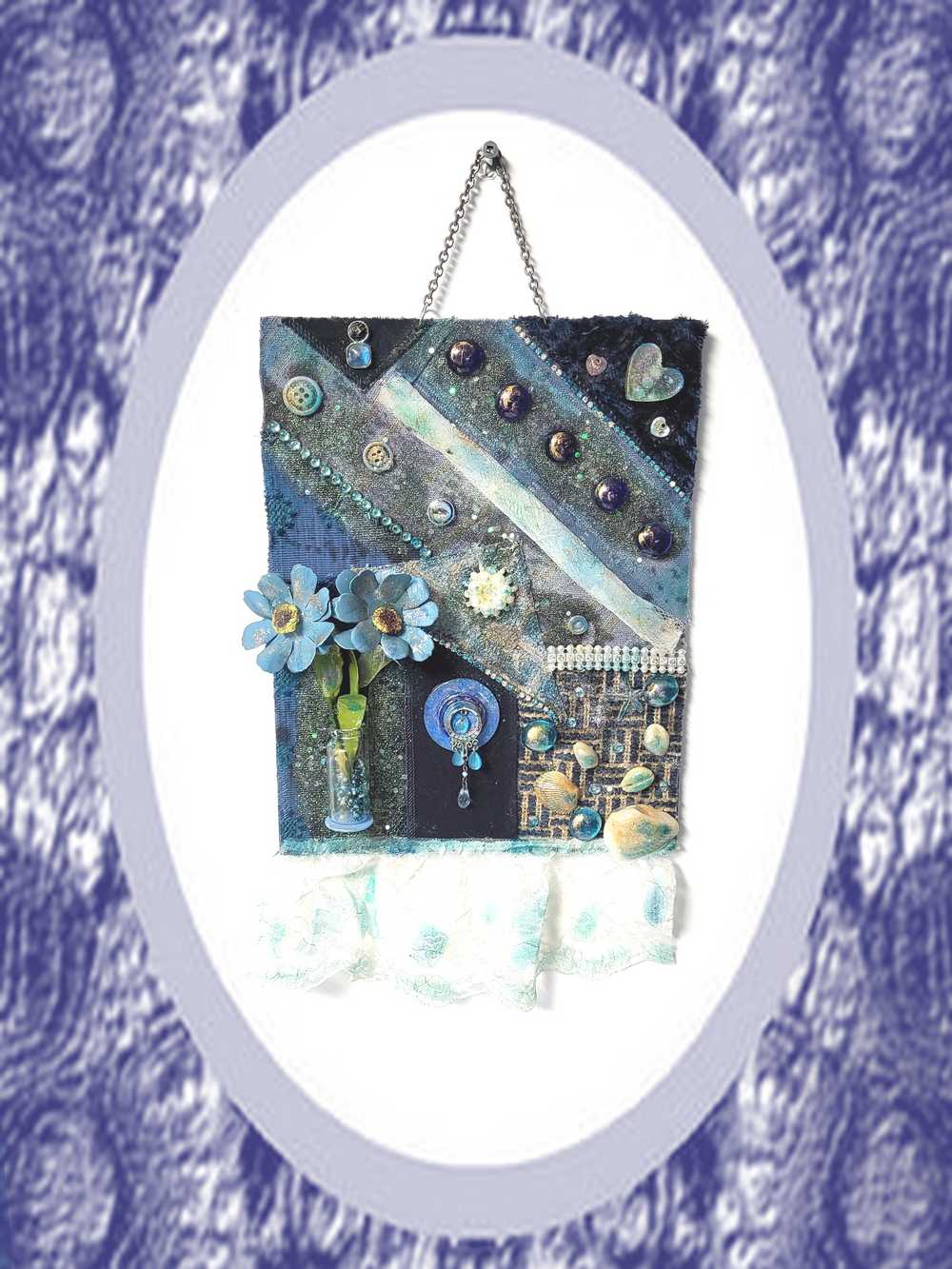 Multi Media Fabric Art Wall Piece in Shades of Blue, Collage, Decorative Wall Art