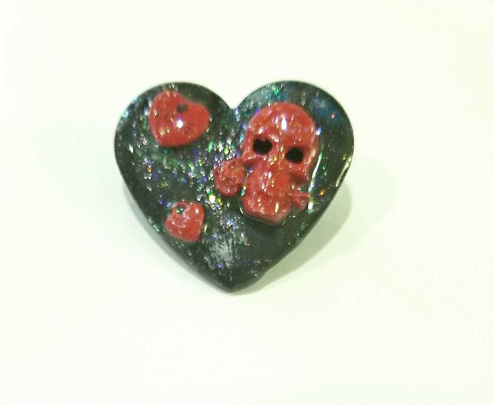 Black Porcelain Heart Shaped Brooch with Red Skull and Heart Charms