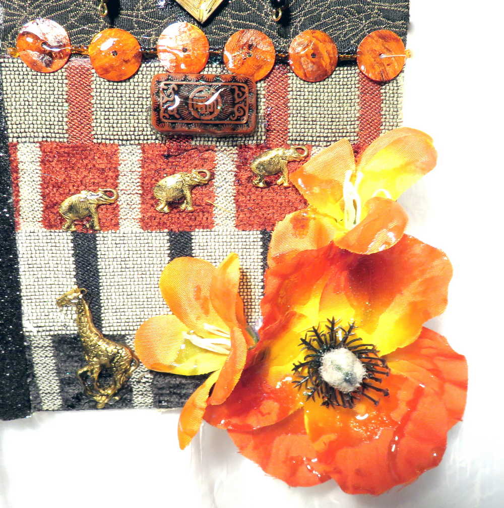 "SAFARI" Wild Animals & Fabric Wall Art In Deep Oranges & Browns, Abstract Art, One of a Kind Artwork