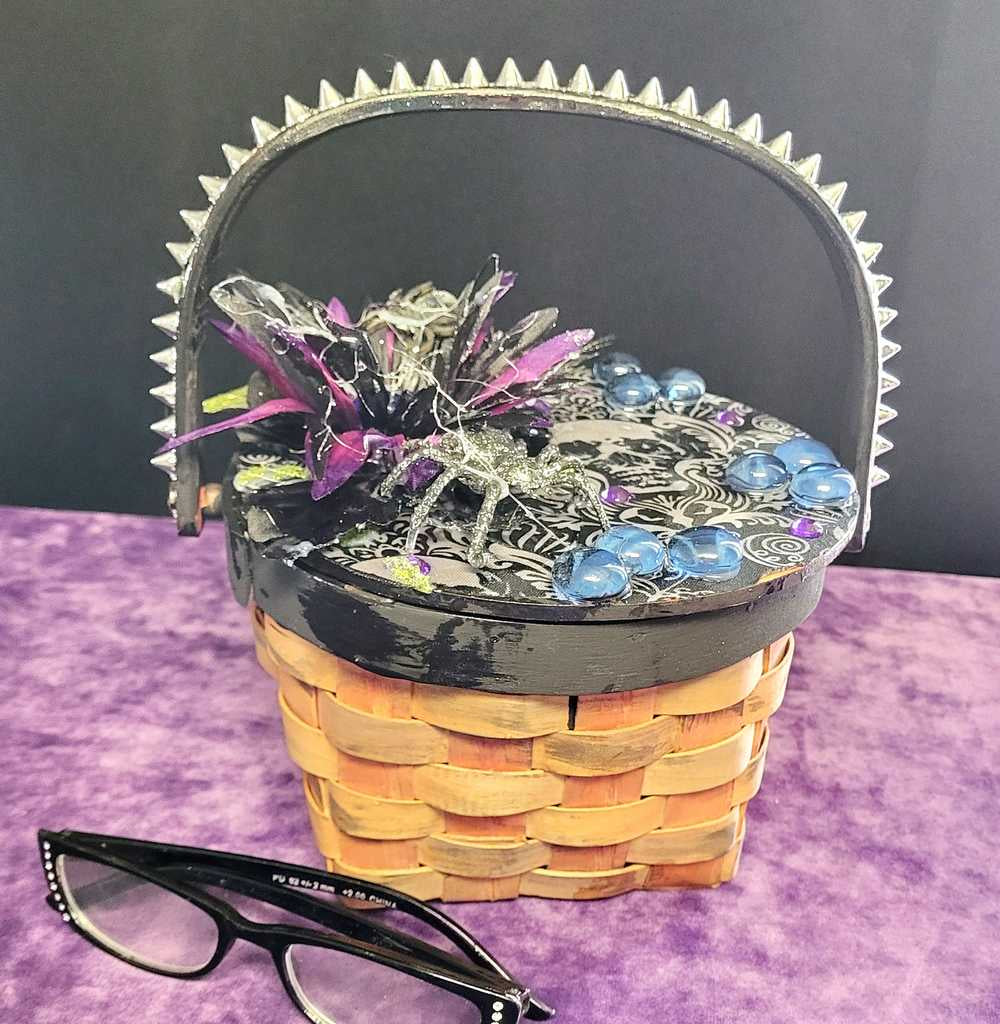 Wood Basket Covered with Black Skull Fabric, with a Purple & Black Flower, Blue Glass Cabochons & a Large Sparkley Spider