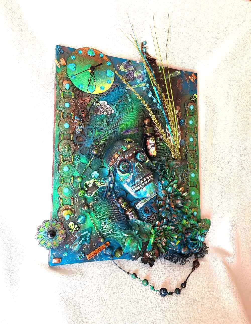 Clock, Voodoo Skull Witch Doctor on 16x20 inch Canvas with Turquoise Beads and Motorcycles