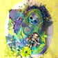 Skull Goddess and The Babe, in Purples & Blues, on 16L x 20W Mixed Media Canvas with Wall Clock