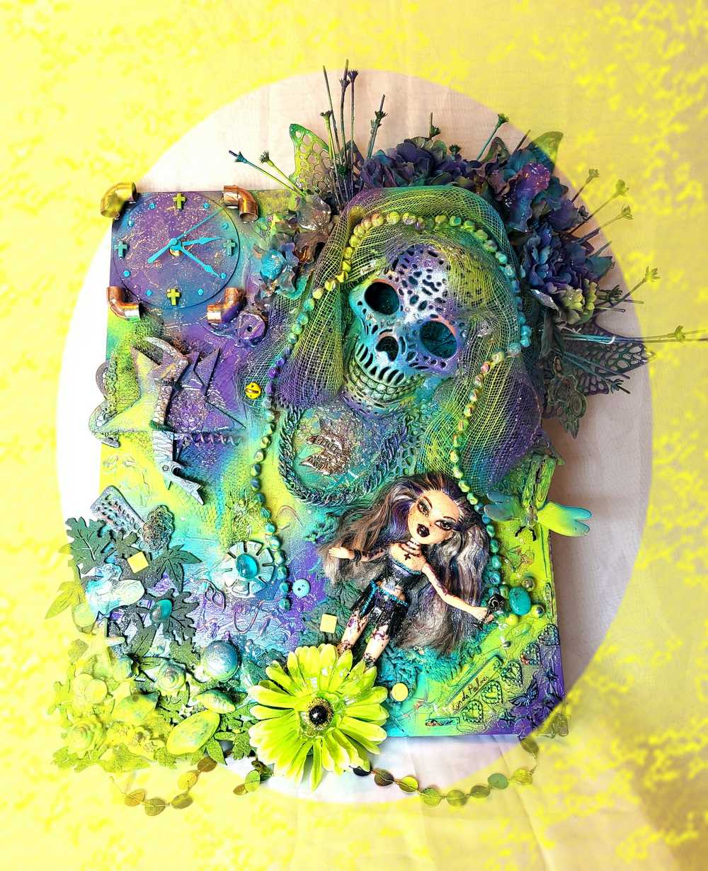 Skull Goddess and The Babe, in Purples & Blues, on 16L x 20W Mixed Media Canvas with Wall Clock