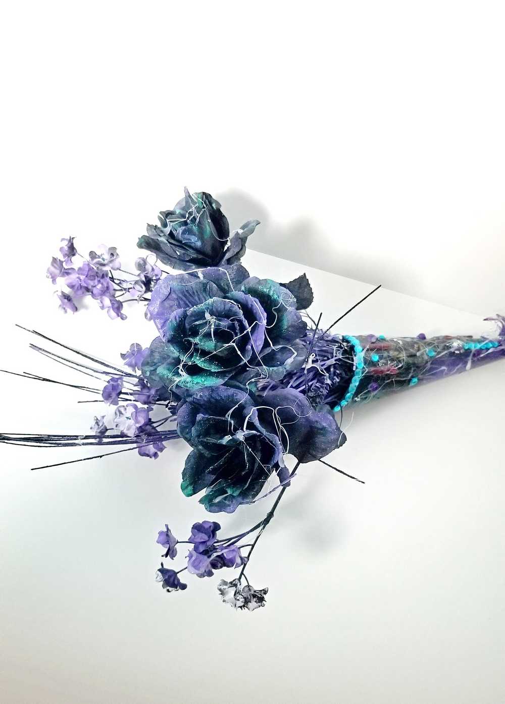 Goth Flower Arrangement, Black & Purple Roses in a Tin Match Cone, with Spiders & Skulls