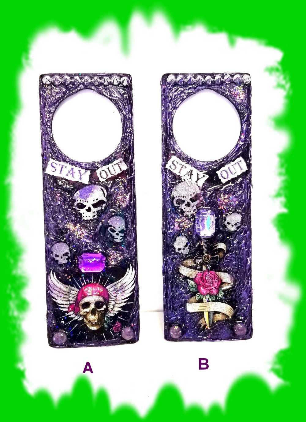 "Stay Out" Door Knob Signs with Skulls, a Dagger, a Rose and a Heart in Black & Purple