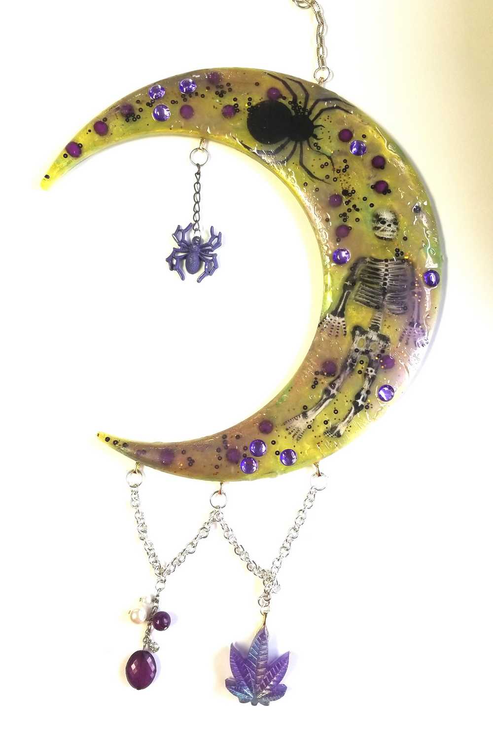 Resin Moon with Purple Beads and Spiders