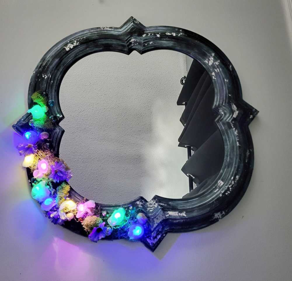 Black Hand Painted Unique Shaped Wall Mirror with Handmade Mushroom Colored Lights, 3 Settings