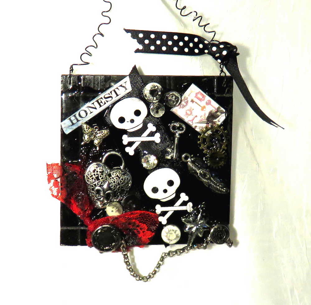 Black Wall Plaque with Skull & Bones Ribbon, Honesty Sign, Recycle Jewelry, Keys & Gears, Punk Goth Sign