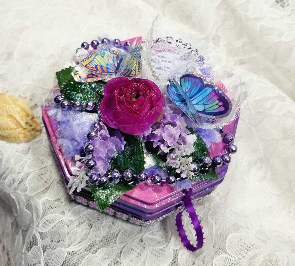 Tin Box Repurposed into a Jewelry Box, Two Butterflies and Deep Purple Rose on Lace