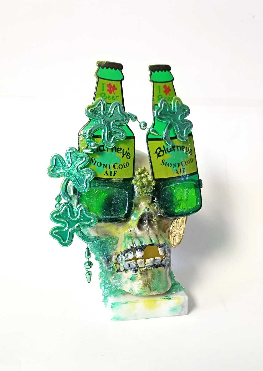 One of a Kind St. Patrick's Skull Decor, Green Beer Goggles, Missing Front Teeth and Shamrocks