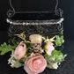 Black Metal Skull Container, with Pink Roses, Container for Dry/Silk Flowers