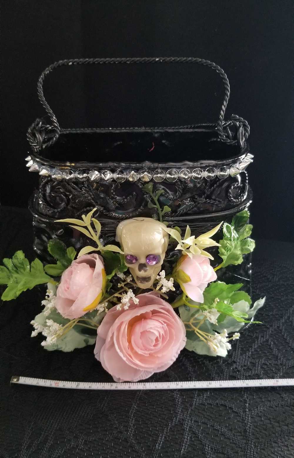 Black Metal Skull Container, with Pink Roses, Container for Dry/Silk Flowers