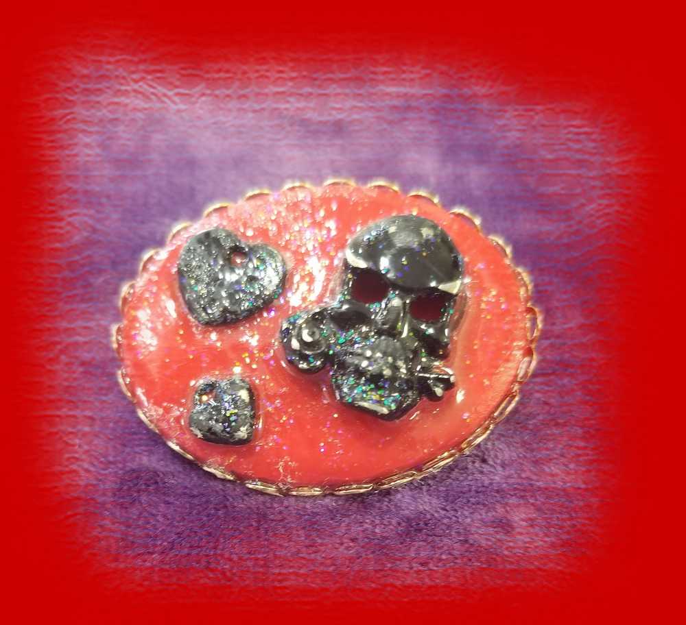 Stunning Red Porcelain Oval Brooch with Hand Painted Black Skull and Hearts