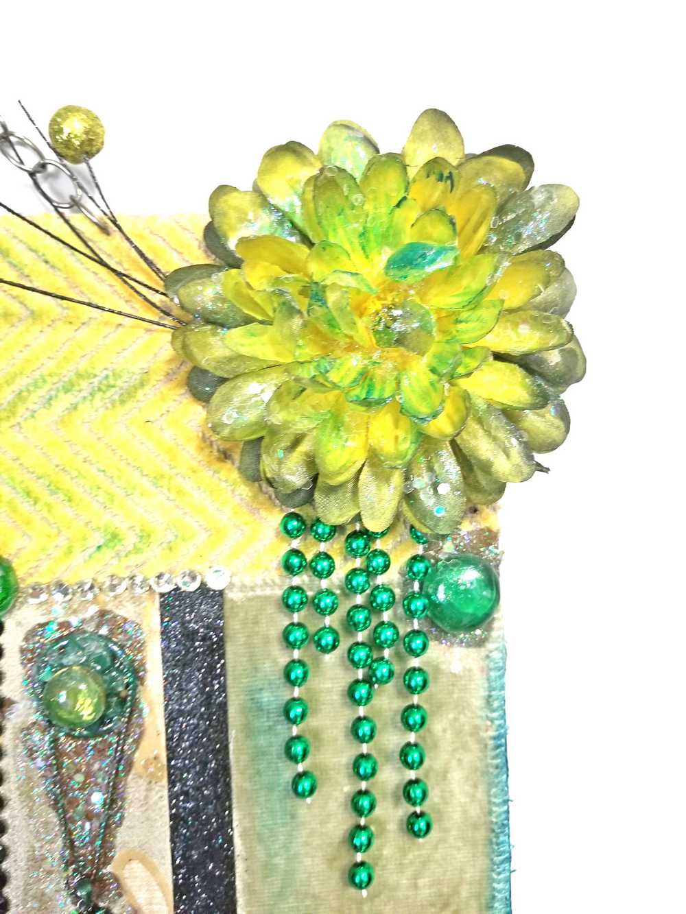 Decorative Collage of Green Fabrics, Recycled Jewelry, Flowers & Mini Picture Frame, Wall Art, Wall Hanging