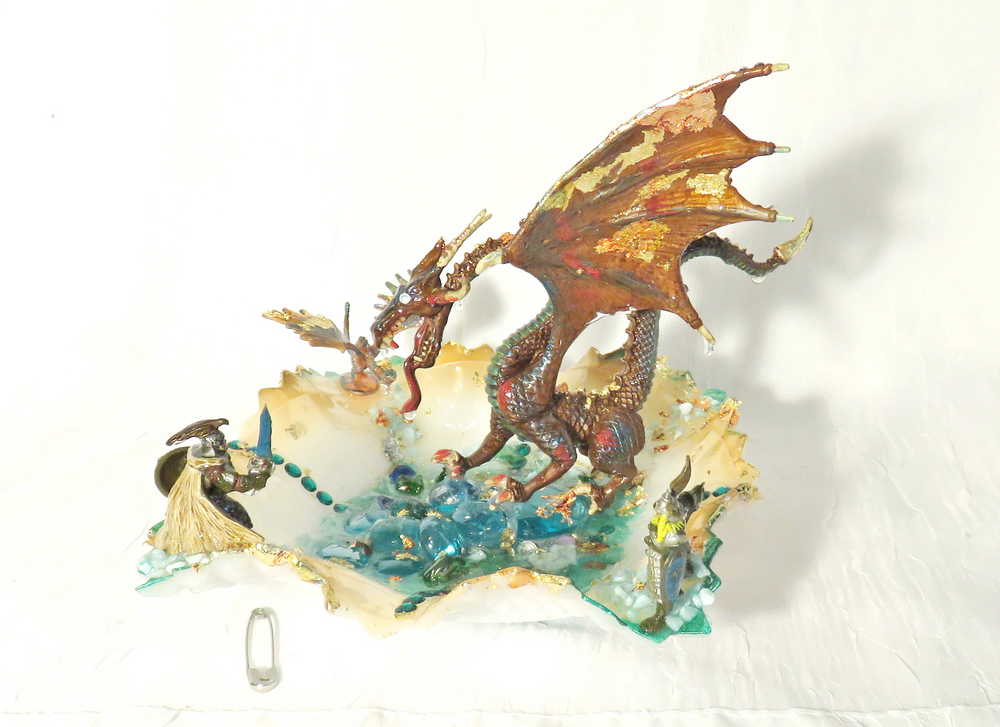 Fire-Breathing Dragon in Antique Glass Dish in a Fierce Fight for Survival