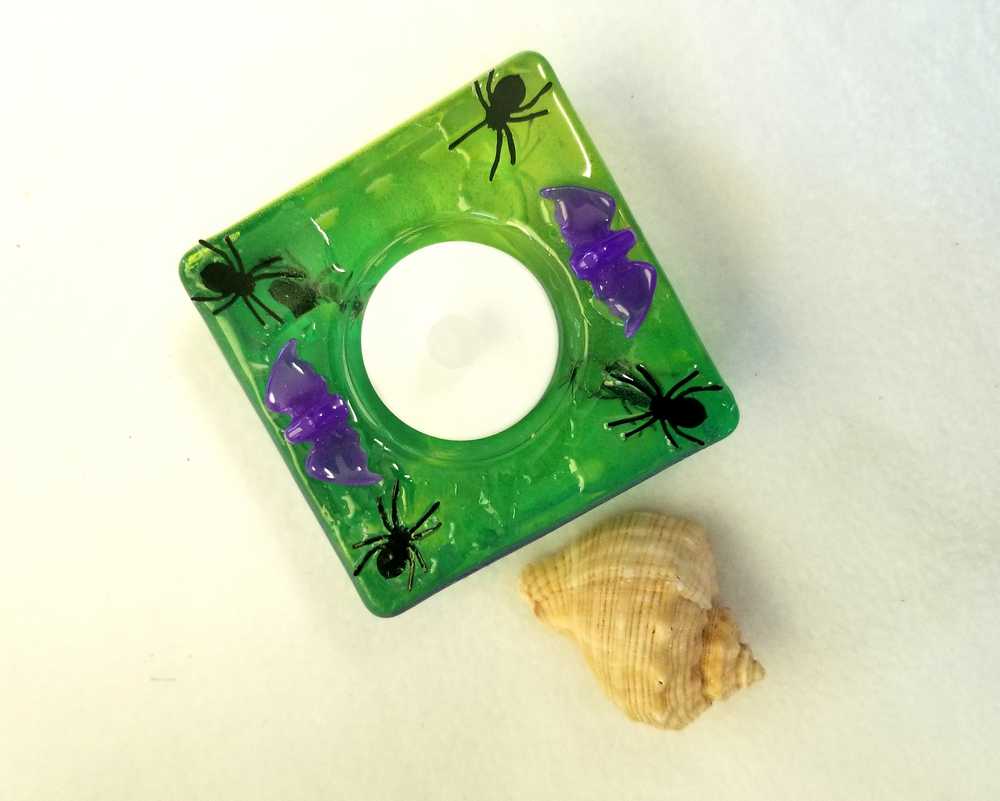 Square Green Candle Holder for a Battery Candle with Black Spiders and Purple Bats