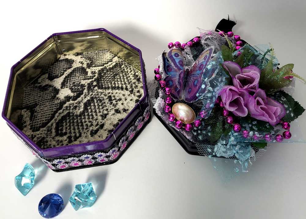 Black Tin Octagon Jewelry, Trinket, Stash Box with Snake Print, Roses and  A Butterfly