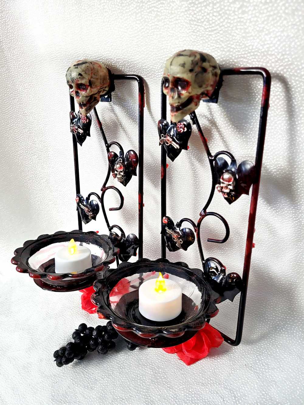 Wall Mounted Battery Candle Holder with Skulls & Red Roses, Glass Bowls Holds Two Battery Candles