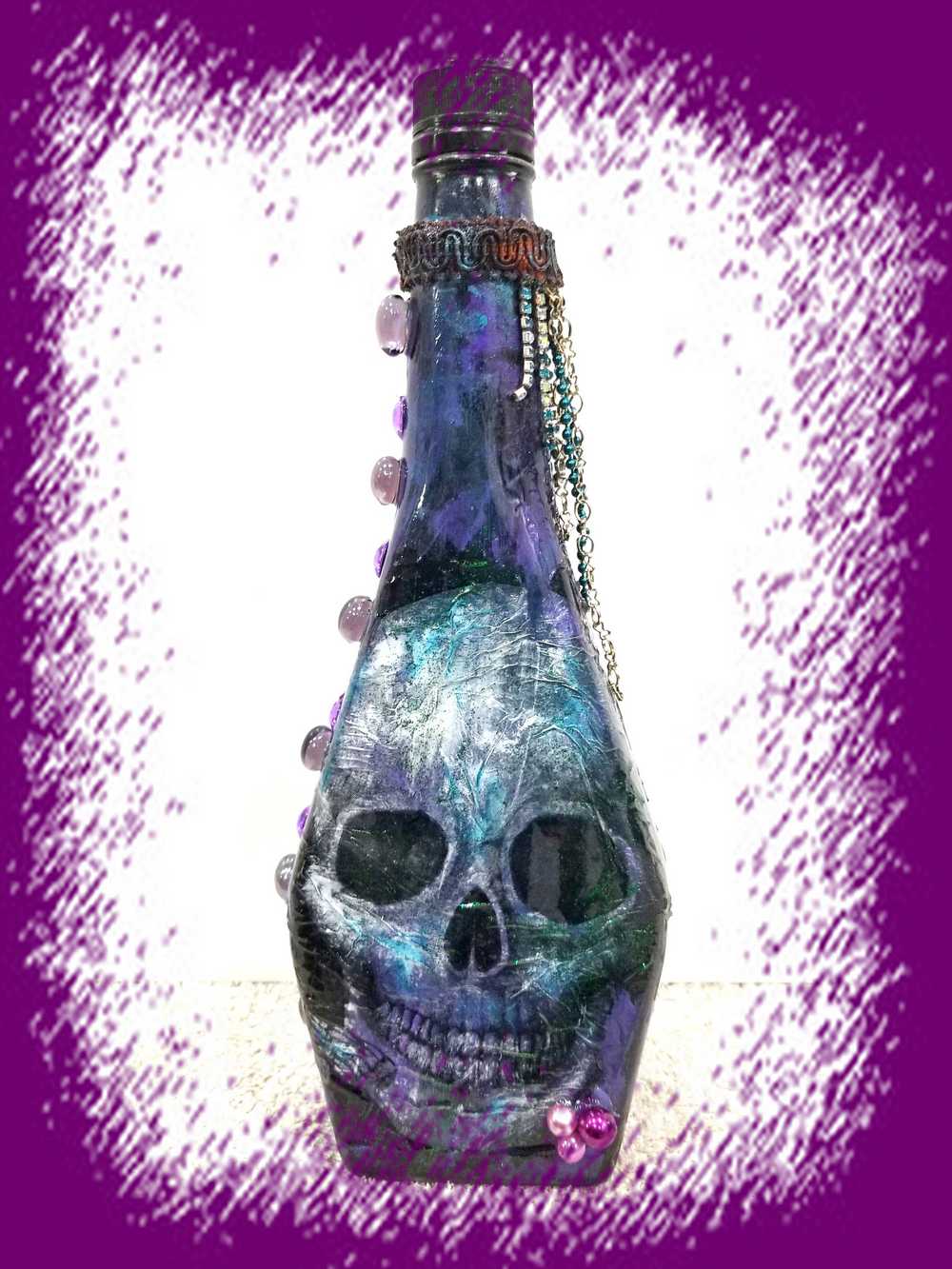 Altered Glass Bottle, Decoupage Skull Art Bottle for Re-Use