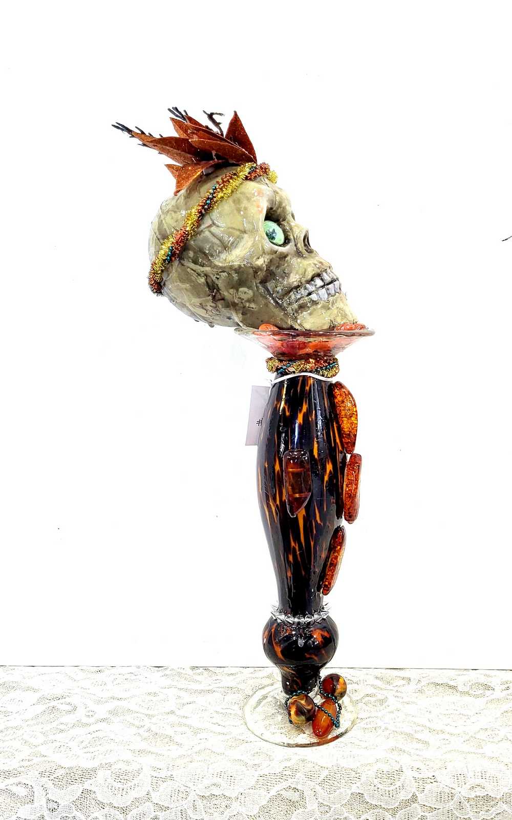 Ellegant Tiger Glass Skull with Silver Studs and Large Amber Beads