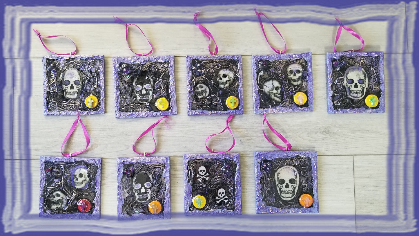 Purple and Black Skull Fabric Faces on Wood Ornaments For your Car, Window, School Locker or Christmas Tree