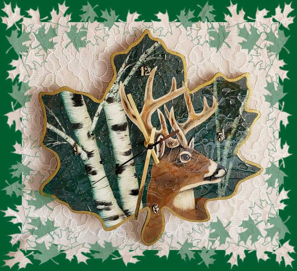 10 Point Buck, Hand Painted, Original Design Deer Clock on Wooden Leaf