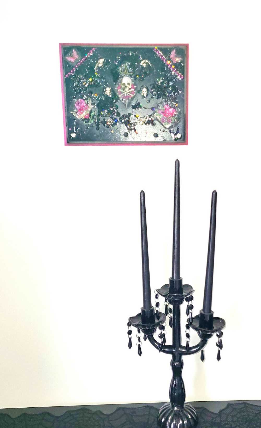 Black Goth Wall Plaque with a Skull with a Sword, Glass and Pink Butterflies