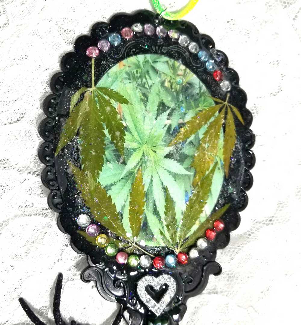 Black Hand Held Mirror with a Heart, Natures Leaves and Gemstones