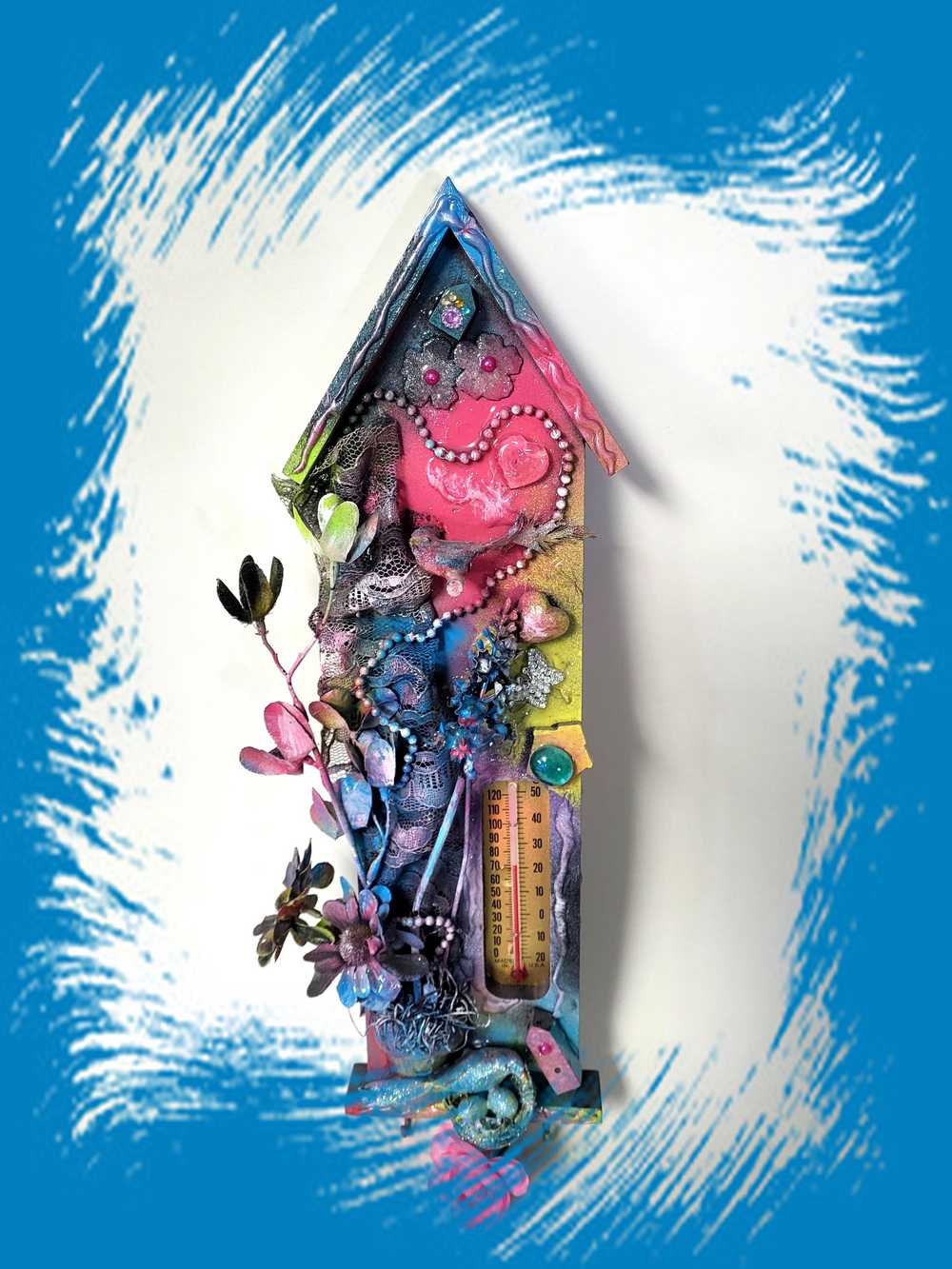 Colorful Wall Birdhouse Cutout with Thermometer and Cup Hooks to Keep Your Necklaces or Keys in One Place