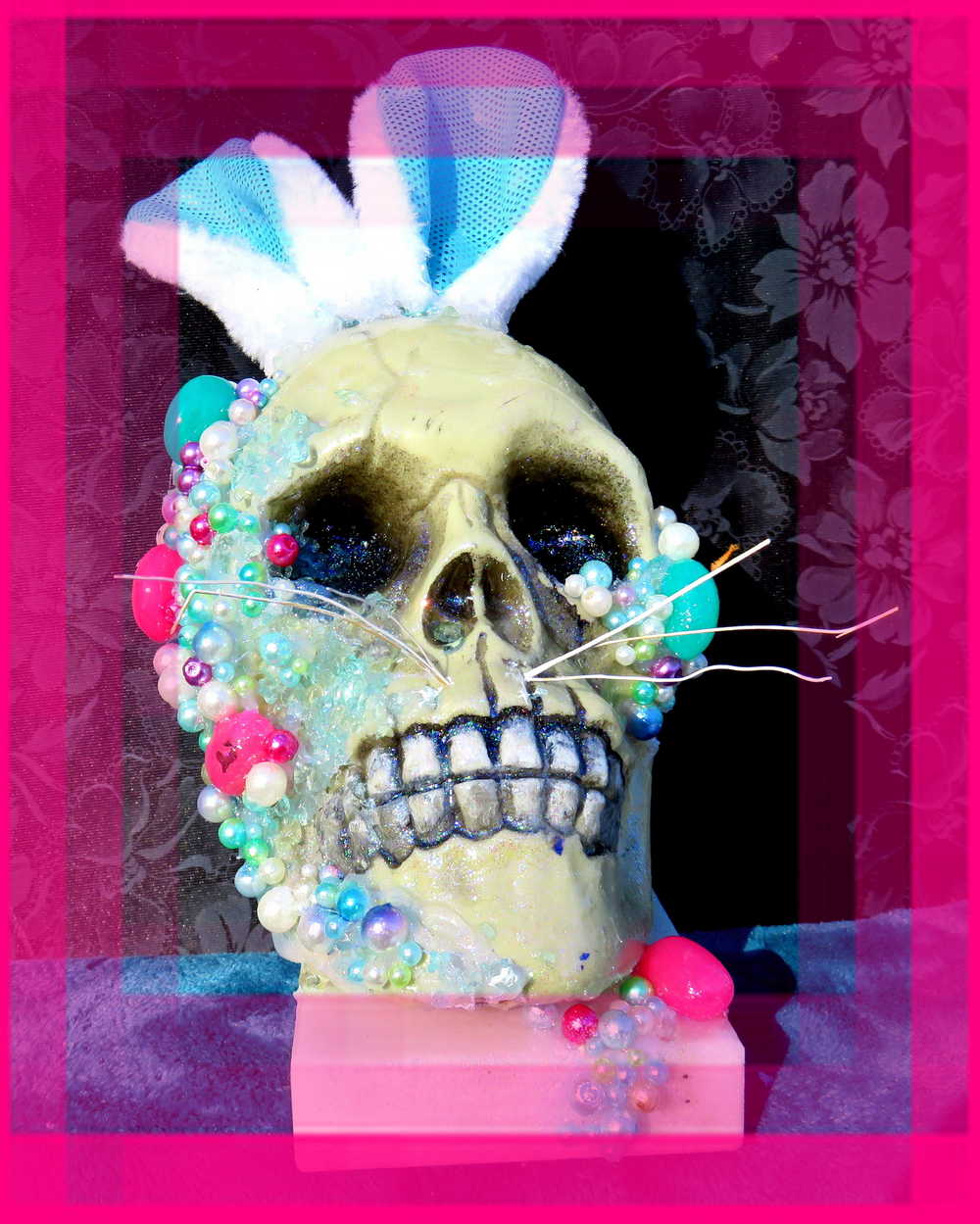 Resin Encased Easter Bunny Skull with Jelly Beans, Pearls & Glitter on a Marble Base